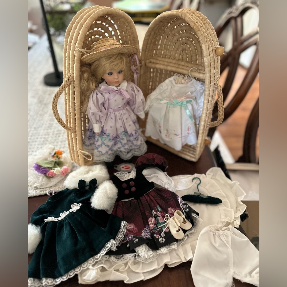 Vintage Delton Procelain Doll, Wicker Carrier, 4 Outfits, Tag and Bedding VGUC